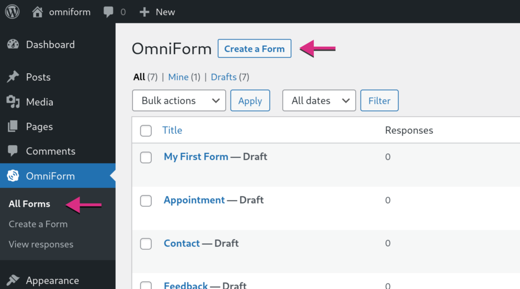 Screenshot of the OmniForm plugin screen within the WordPress admin. The image shows the plugin interface with arrow shapes highlighting the specific areas where users should click to initiate the form creation process.