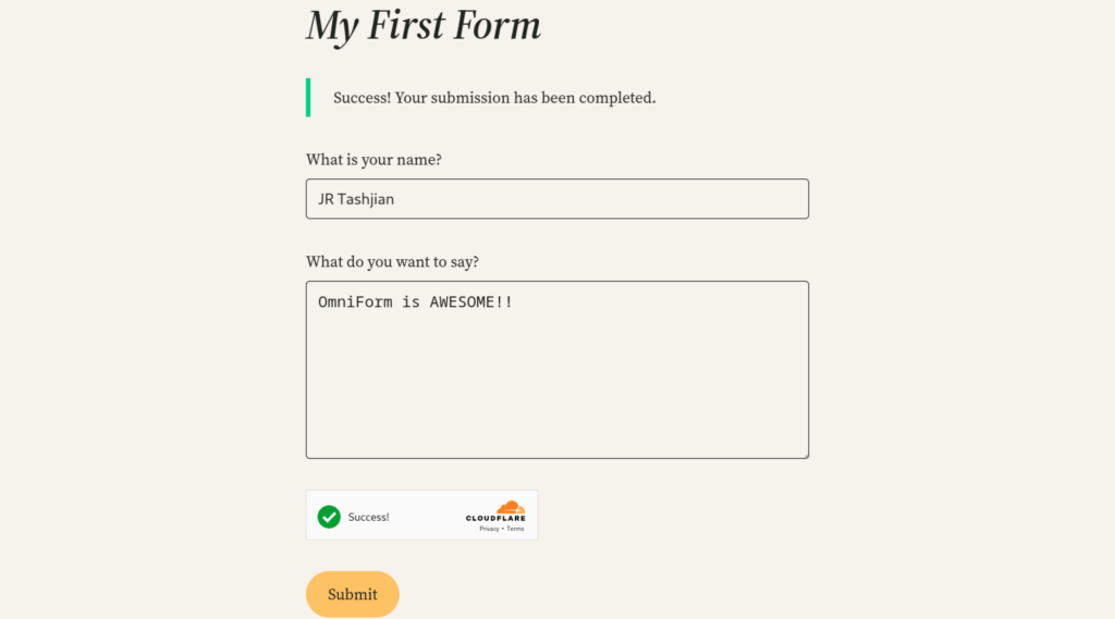 Screenshot of a form being submitted by a user with a success message being displayed.