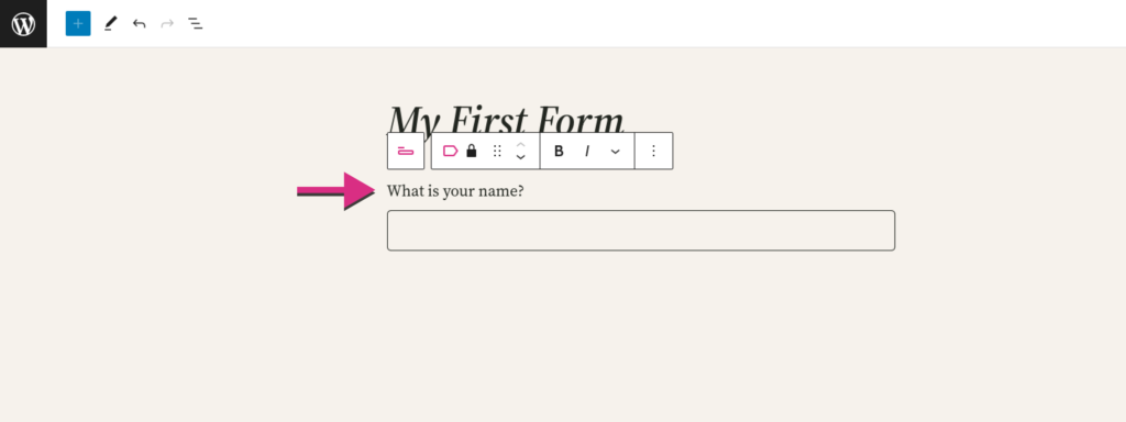 Screenshot of the OmniForm editor screen. The image features an arrow shape, highlighting the specific area where users should type the field's label.