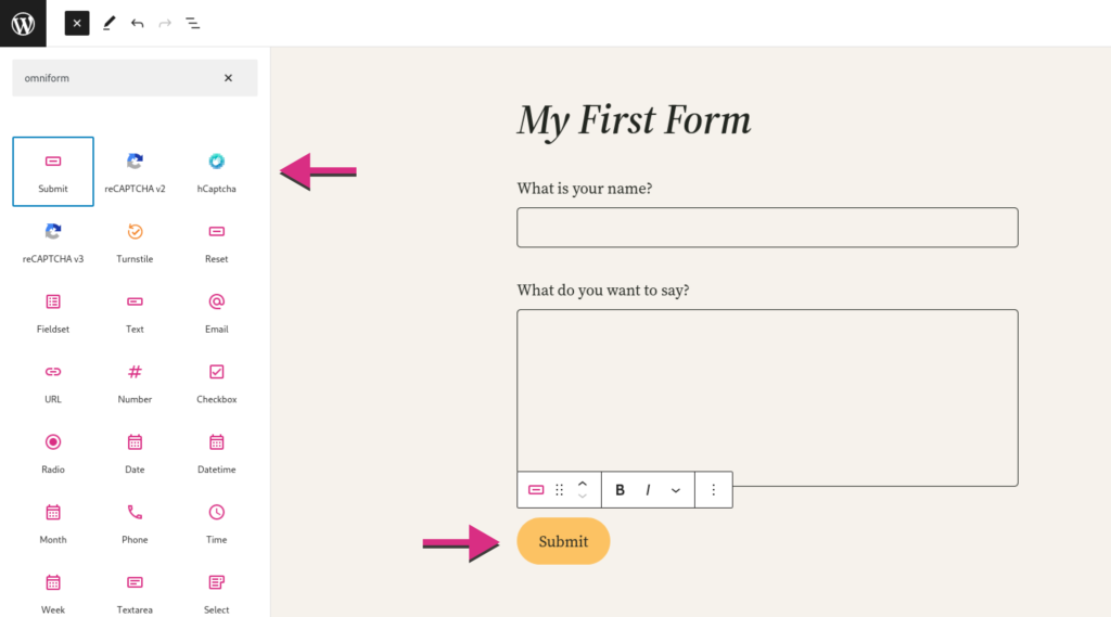 Screenshot of the OmniForm editor screen. The image features arrow shapes, highlighting the specific areas where users should click to add a submit button to the form.